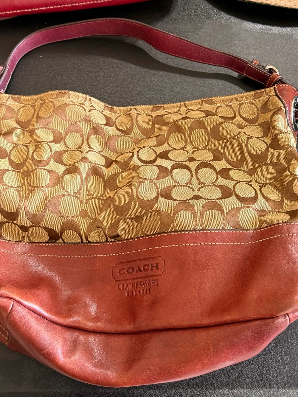 Coach Brown Signature Canvas Hobo with Rust Leather Trim